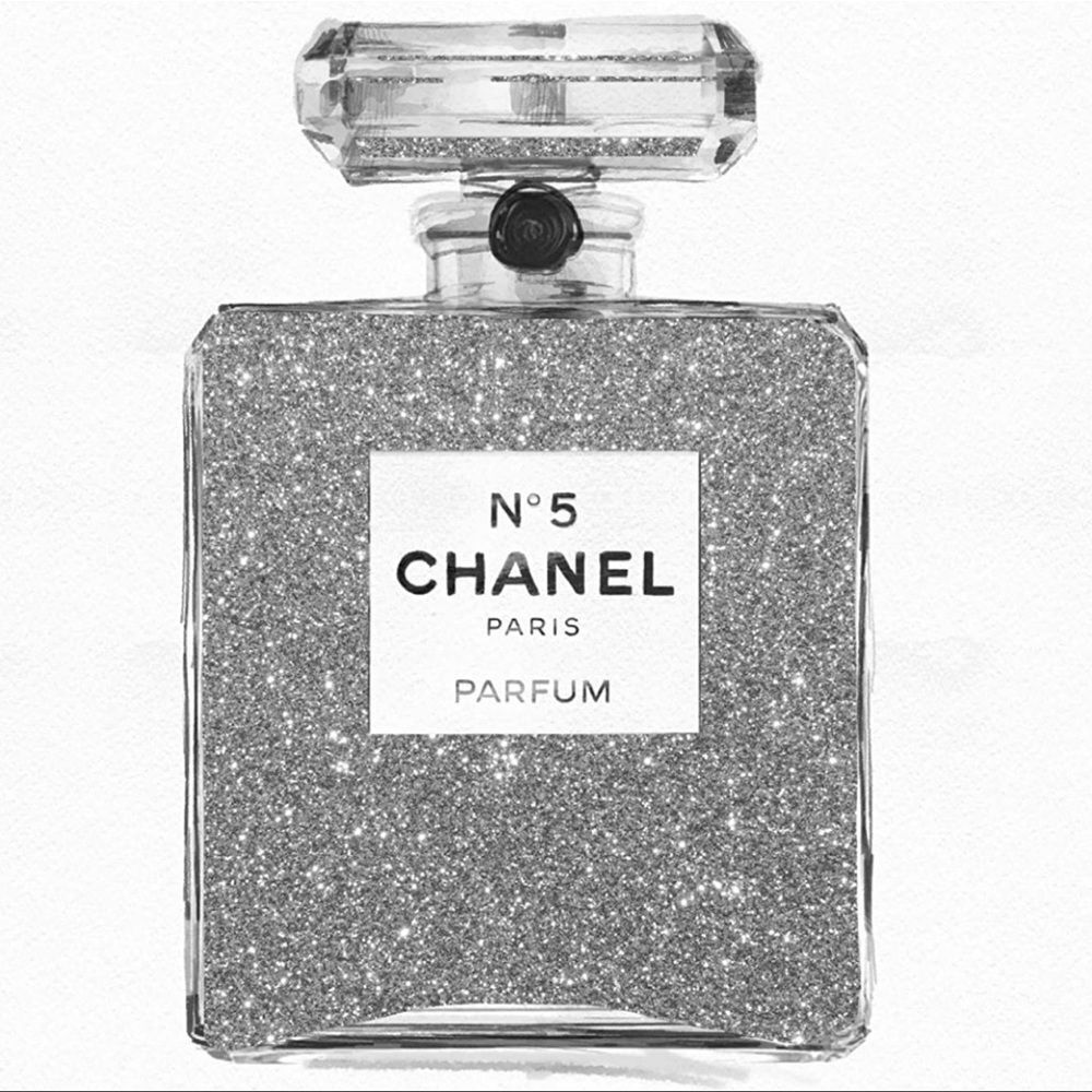 Chanel inspired silver glitter perfume bottle print picture wall art home decor